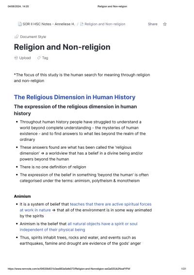 Cover page of Religion and Non-Religion - COMPLETE SOR II HSC BAND 6 NOTES
