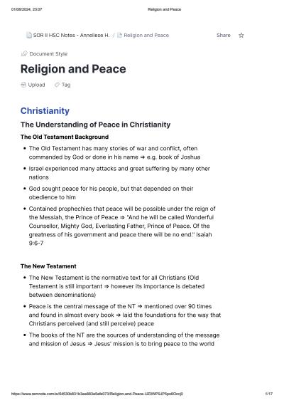 Cover page of Religion and Peace - COMPLETE SOR II HSC BAND 6 NOTES