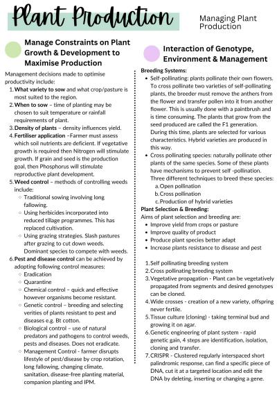 Cover page of HSC Agriculture - Plant Production - Summary Notes
