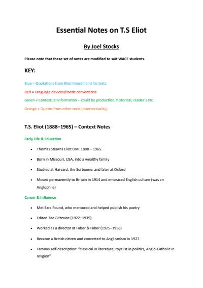 Cover page of T.S. Eliot Study Notes – "Prufrock" & "Rhapsody on a Windy Night" (Quotes, Context & Themes) (ATAR 97.65)