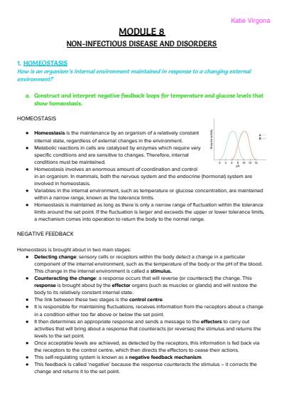 Cover page of (Module 8) HSC Biology Notes - Non Infectious Disease and Disorders