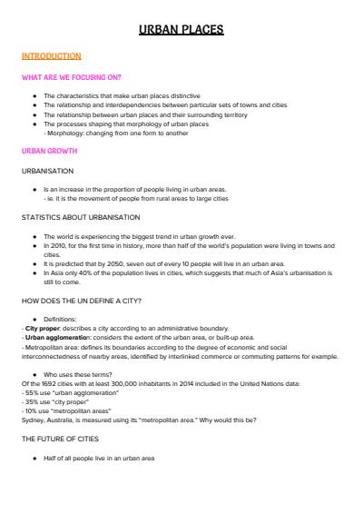 Cover page of HSC Geography Notes - Urban Places