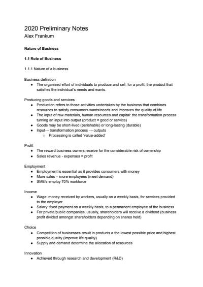 Cover page of Business Studies Preliminary Course Notes