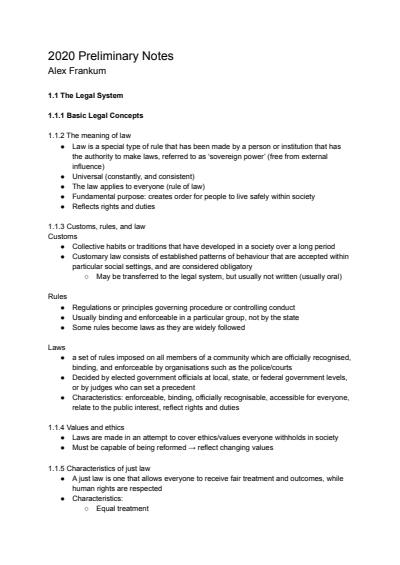 Cover page of Legal Studies Preliminary Course Notes