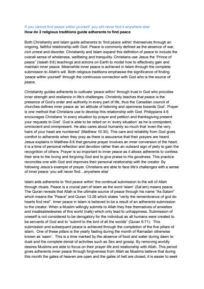 Cover page of SOR religion and peace essay