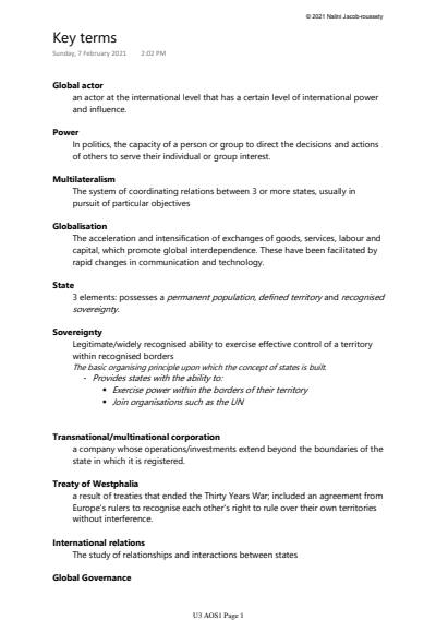 Cover page of Raw 45 VCE 3/4 Global Politics Notes & Case Studies U3