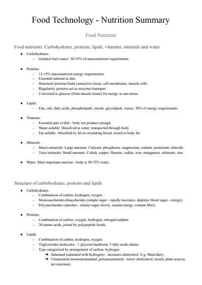 Cover page of Food Technology Notes