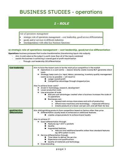 Cover page of BAND 6 BUSINESS STUDIES OPERATIONS NOTES HSC YEAR 12