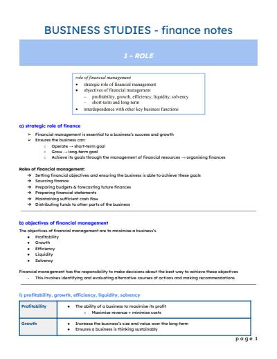 Cover page of BAND 6 BUSINESS STUDIES FINANCE NOTES HSC YEAR 12