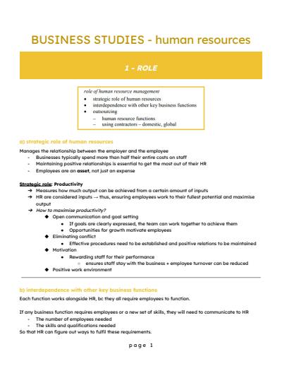 Cover page of BAND 6 BUSINESS STUDIES HUMAN RESOURCE (HR) NOTES HSC YEAR 12