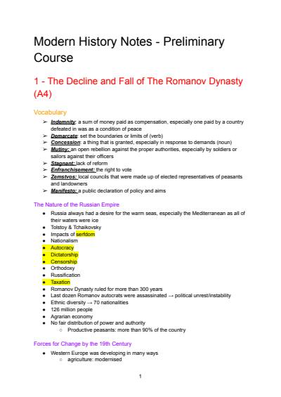 Cover page of B6 MODERN HISTORY NOTES Year 11 HSC PRELIMINARY COURSE