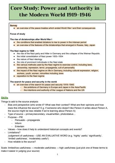 Cover page of BAND 6 MODERN HISTORY COMPREHENSIVE POWER AND AUTHORITY CORE NOTES HSC YEAR 12
