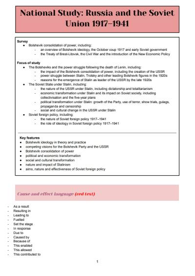 Cover page of BAND 6 MODERN HISTORY COMPREHENSIVE NATIONAL STUDY: RUSSIA AND THE SOVIET UNION NOTES HSC YEAR 12