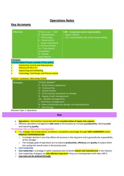 Cover page of Operations Notes Band 6 - Rank 1st in Cohort, helped me achieve a RAW 96 in CSSA Trial