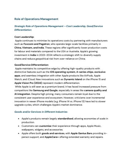 Cover page of Apple Case Study Notes for Whole Syllabus of Operations, Marketing and Finance- BAND 6 96 OVERALL Student, 1st in Cohort,