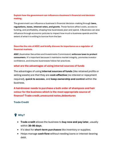 Cover page of Sample of Exam Style HSC Finance Question Practice - Band 6 Student, First in Cohort