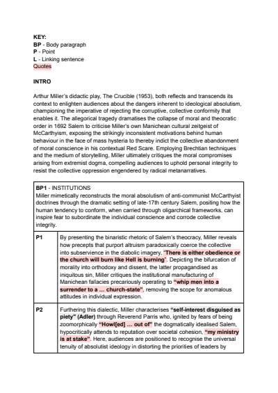 Cover page of The Crucible Essay Plan - 99/100 TRIAL MARK (2025)