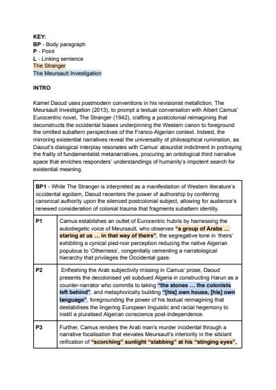 Cover page of The Stranger + The Meursault Investigation Essay Plan - 99/100 TRIAL MARK (2025)