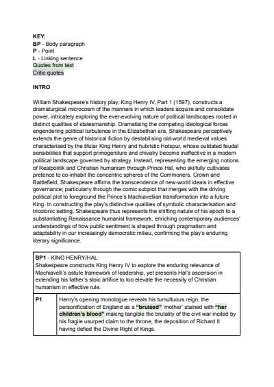 Cover page of King Henry IV, Part I Essay Plan - 99/100 TRIAL MARK (2025)
