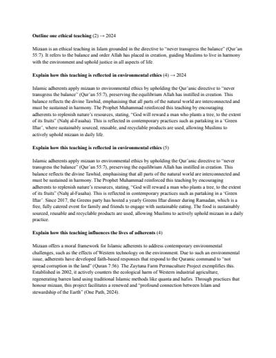 Cover page of Islam short answers - Environmental Ethics - Band 6