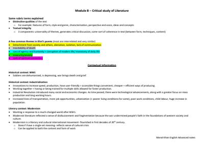 Cover page of Band 6 Notes Module B (T.S Eliot poetry) 99.90 ATAR