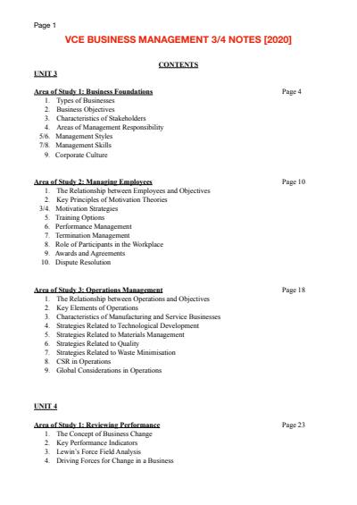 Cover page of 48 Study Score VCE Business Management 3/4 Notes (2020)