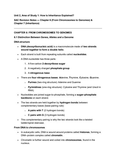 Cover page of Biology U2 AOS 1 Nelson Textbook Based Notes Chapter 6 + 7