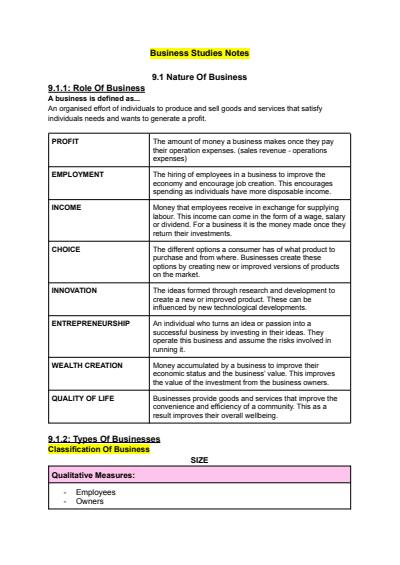 Cover page of Business Studies HSC Preliminary Notes - 9.1 Nature of Business