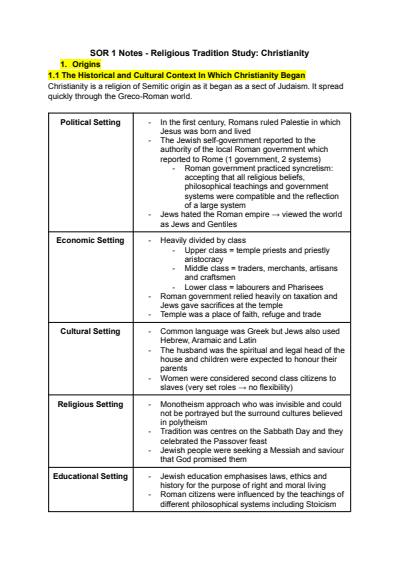 Cover page of Studies Of Religion SOR HSC Preliminary Study Notes - Christianity Depth Study