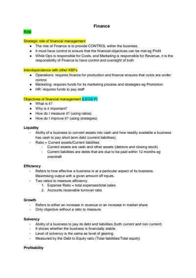 Cover page of HSC Business Studies - Finance Notes