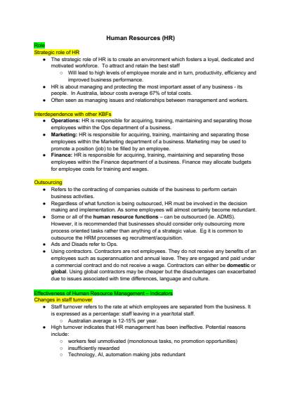 Cover page of HSC Business Studies - Human Resources Notes