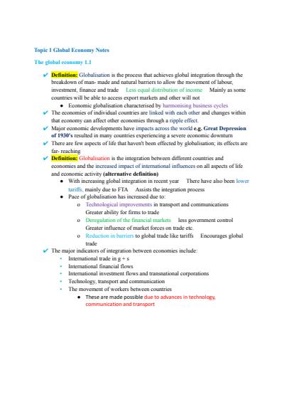 Cover page of Topic 1 Global Economy Notes