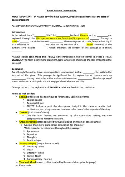 Cover page of IB English A1 Literature Paper 1: Prose Commentary Notes