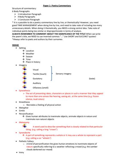 Cover page of IB English A1 Literature Paper 1: Poetry Commentary Notes 