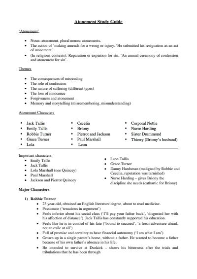 Cover page of Atonement (by Ian McEwan) Study Guide