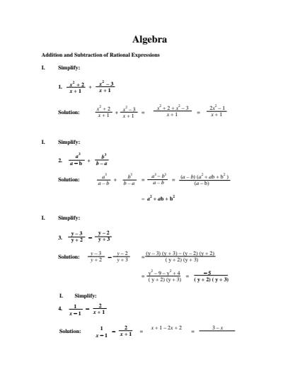 Cover page of Algebra _ Addition and Subtraction of Rational Expressions