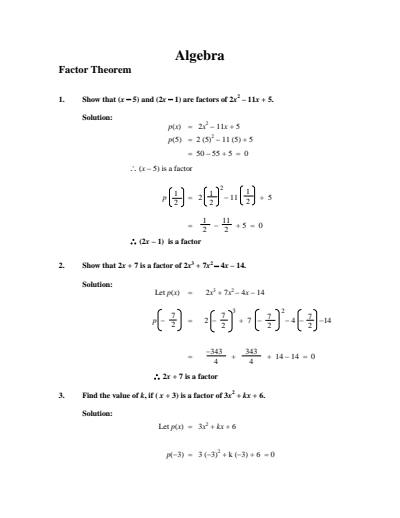 Cover page of Algebra _ Factor Theorem