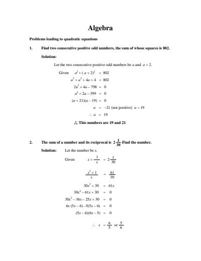 Cover page of Algebra _ Problems leading to quadratic equations