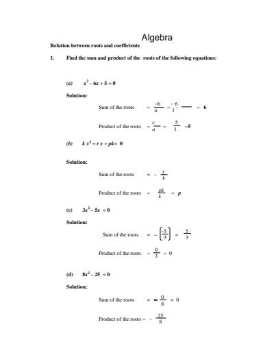 Cover page of Algebra _ Relation between roots and coefficients