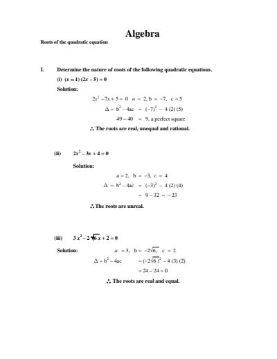 Cover page of Algebra _ Roots of the quadratic equation