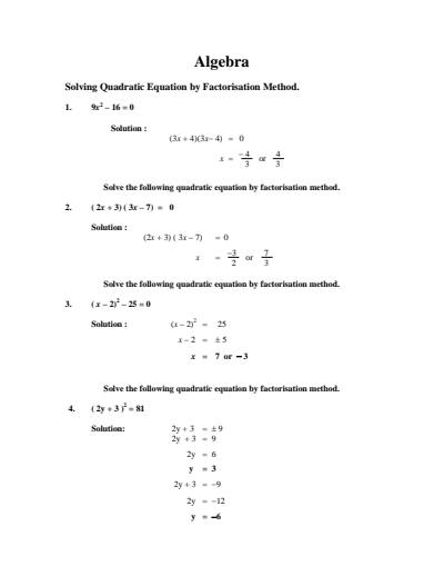 Cover page of Algebra _ Solving Quadratic Equation by Factorisation Method