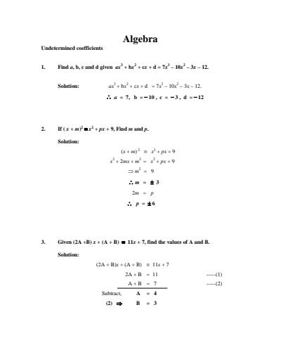Cover page of Algebra _ Undetermined Coefficients