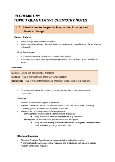 Cover page of IB Chemistry - Comprehensive Topic 1 Moles Notes
