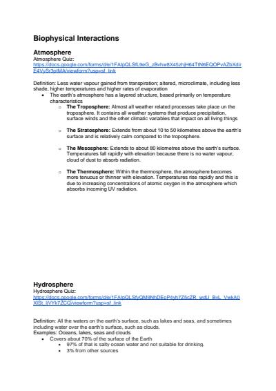 Cover page of 2019 Year 11 Geography Notes Biophysical Interactions