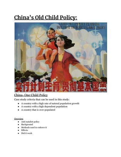 Cover page of Year 11 Geography Case Studies: China's One Child Policy. 