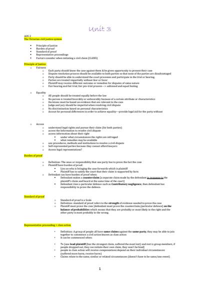 Cover page of Legal Studies civil notes U3 AOS 1