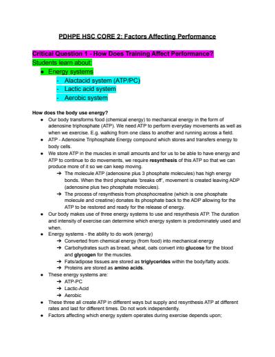 Cover page of HSC PDHPE FACTORS AFFECTING PERFORMANCE FULL COMPREHENSIVE NOTES