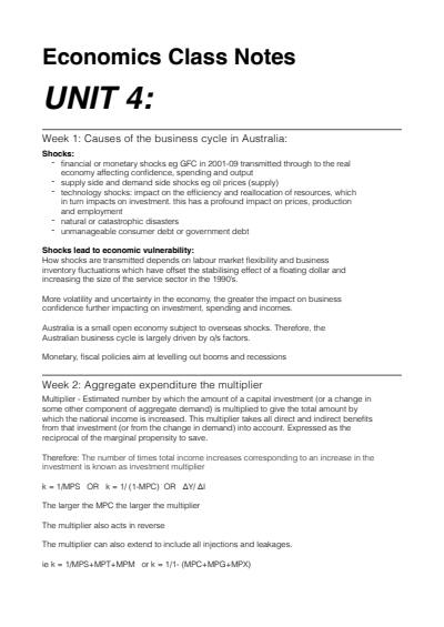 Cover page of ECONOMICS UNIT 3 & 4 class notes - 92% STUDENT